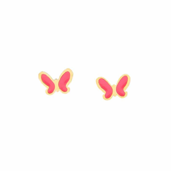 Σκουλαρίκια πεταλούδα παιδικά Κ14 χρυσά με ροζ σμάλτο