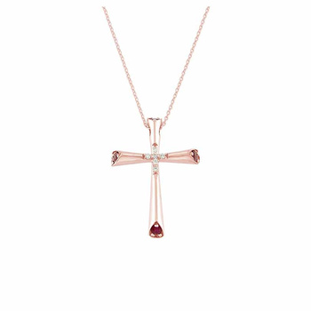 Κολιέ σταυρός Κ14 ροζ χρυσός με διαμάντια, ρουμπίνια και αλυσίδα